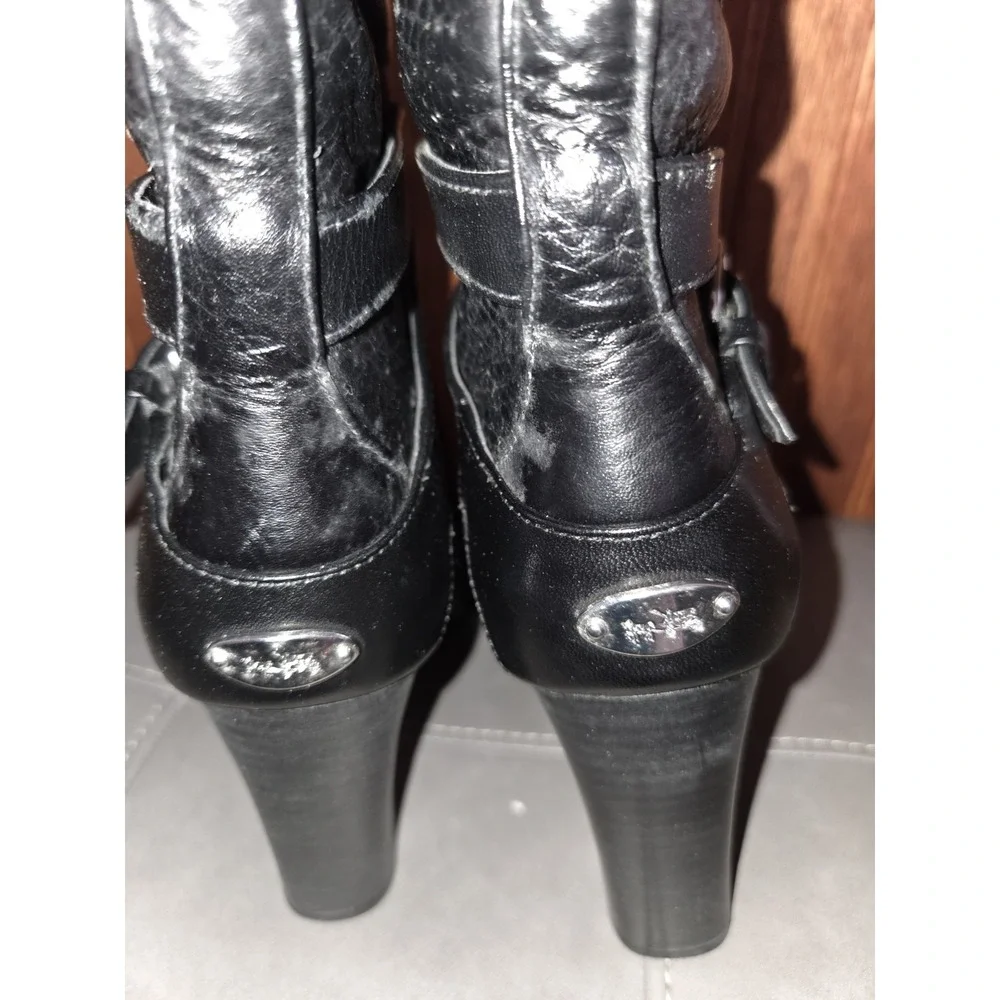 *Coach Buckle Mid Calf Boots Black Leather Size 6.5B Alexandra Chunky Heel